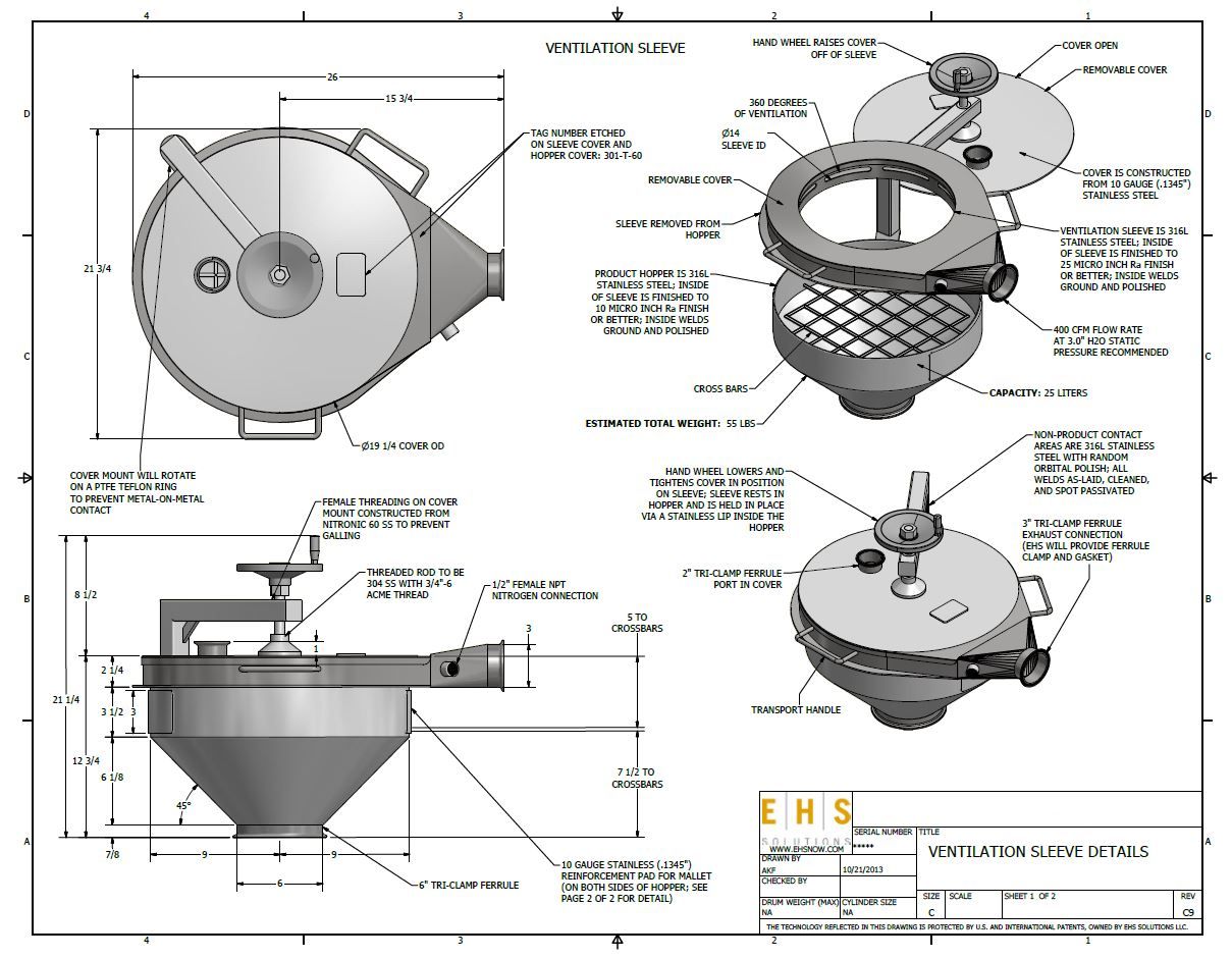 Engineer Drawing of the Rheo ventilation sleeve shows details